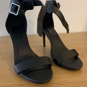 Black Size 8.5 4” Ankle Strap Heels Buckle